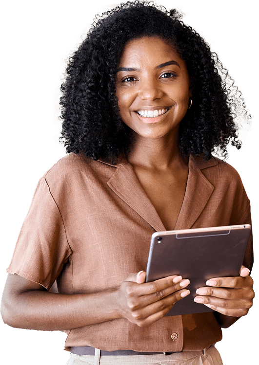 a woman holding a tablet and smiling