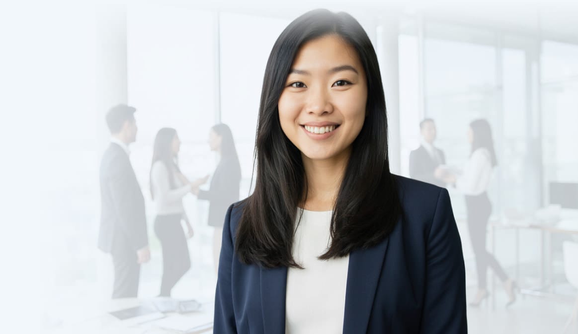 banker smiling with people at the back
